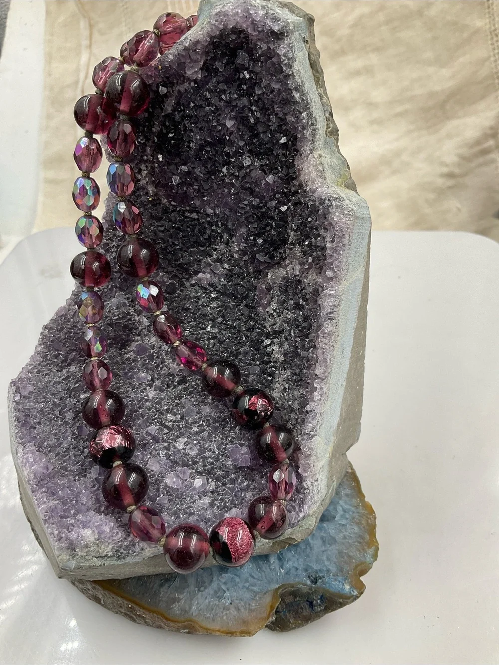 16”Deep Purple Round Amethyst Beaded Necklace Gemstones, Faceted Aurora Borealis